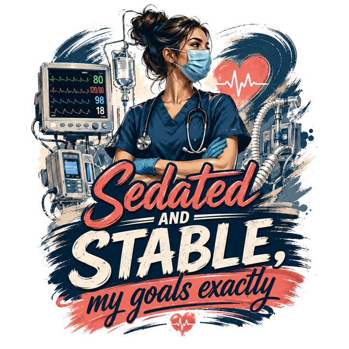 Sedated and stable, my goals exactly — icu nurse humor t-shirt design by Bazzai Studio