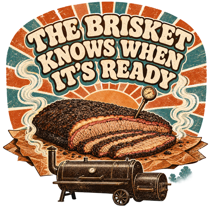 THE BRISKET KNOWS WHEN IT'S READY — low slow pitmaster t-shirt design by Bazzai Studio