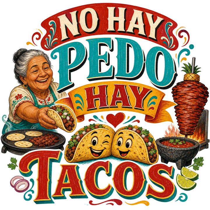 NO HAY PEDO HAY TACOS — mexican rotulo humor t-shirt design by Bazzai Studio