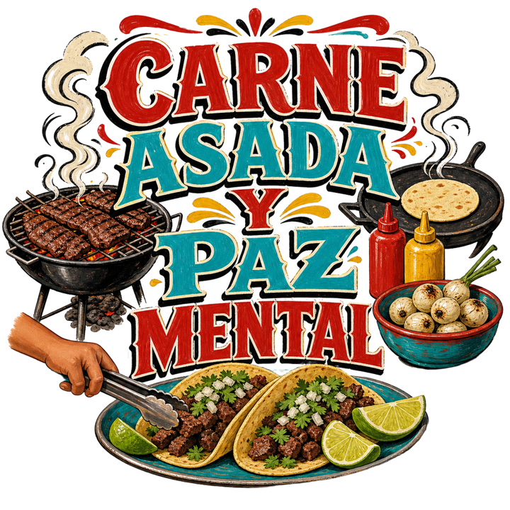 CARNE ASADA Y PAZ MENTAL — mexican rotulo humor t-shirt design by Bazzai Studio