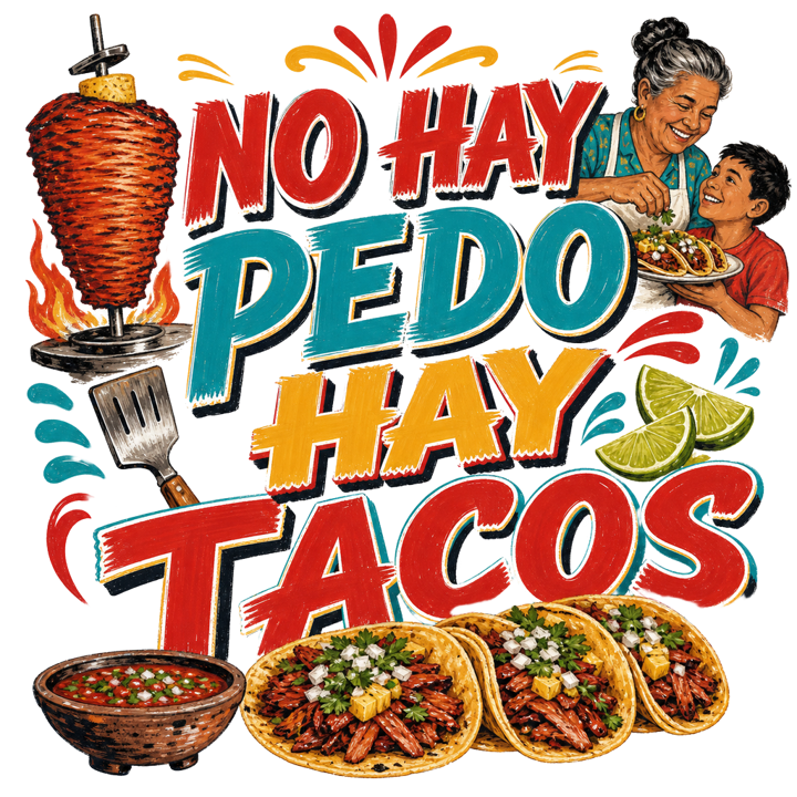 NO HAY PEDO HAY TACOS — mexican rotulo humor t-shirt design by Bazzai Studio