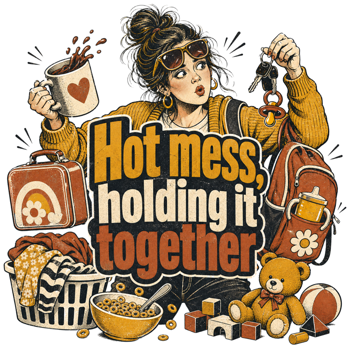 Hot mess, holding it together — momlife t-shirt design by Bazzai Studio