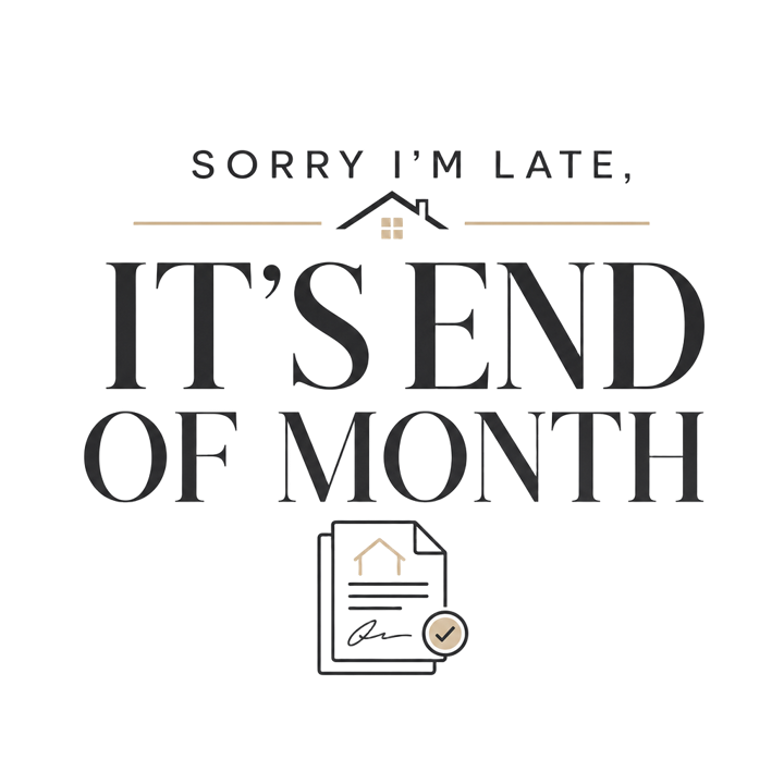 SORRY I'M LATE, IT'S END OF MONTH — mortgage t-shirt design by Bazzai Studio