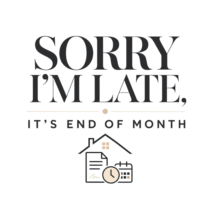 SORRY I'M LATE, IT'S END OF MONTH — mortgage t-shirt design by Bazzai Studio