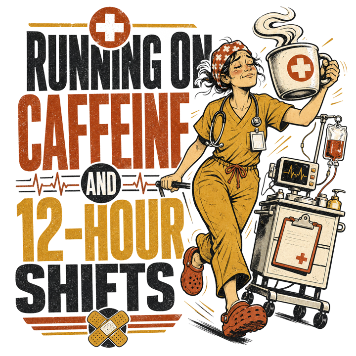 RUNNING ON CAFFEINE AND 12-HOUR SHIFTS — nurse t-shirt design by Bazzai Studio