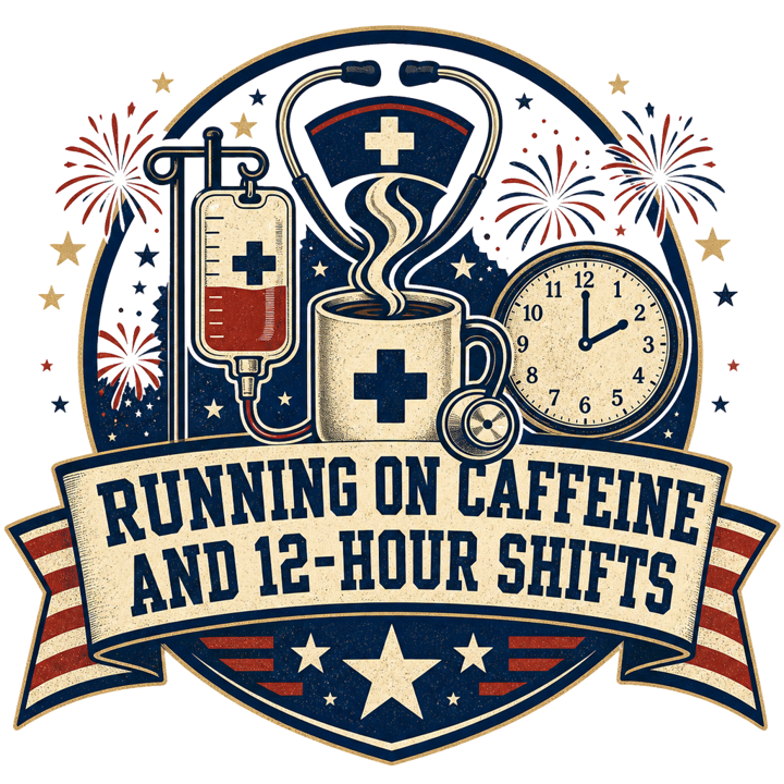 RUNNING ON CAFFEINE AND 12-HOUR SHIFTS — nurse t-shirt design by Bazzai Studio