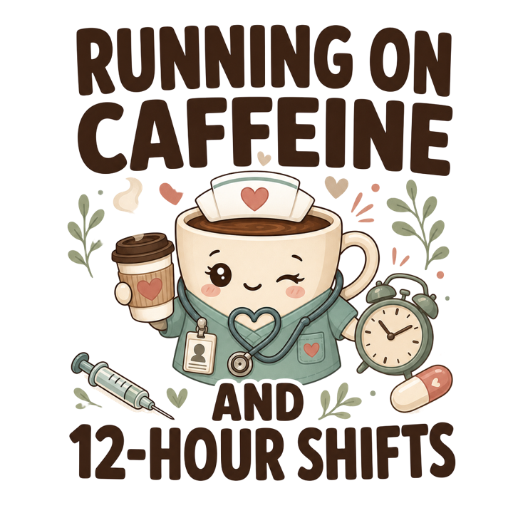RUNNING ON CAFFEINE AND 12-HOUR SHIFTS — nurse humor t-shirt design by Bazzai Studio