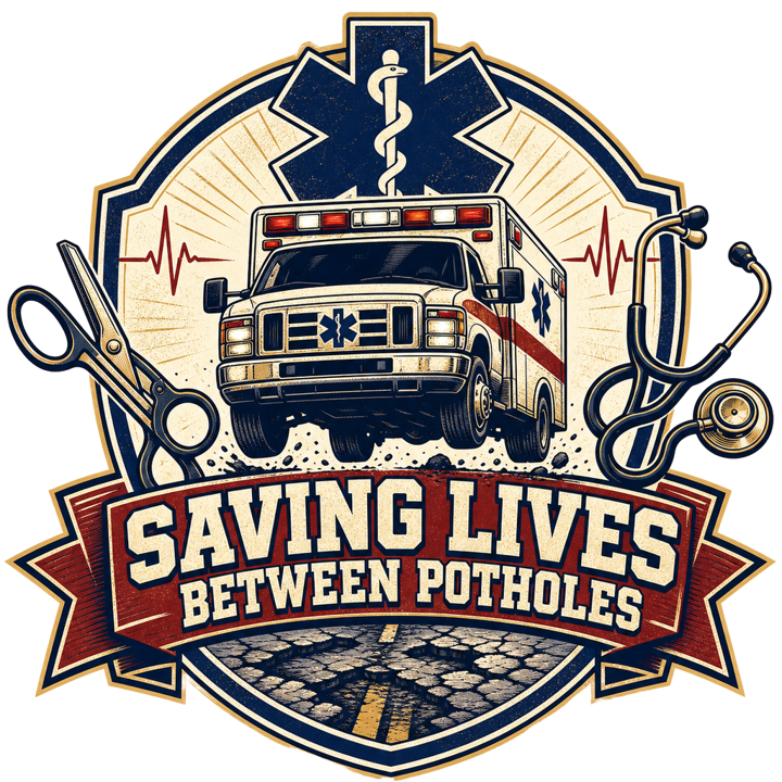 SAVING LIVES BETWEEN POTHOLES — paramedic emt humor t-shirt design by Bazzai Studio
