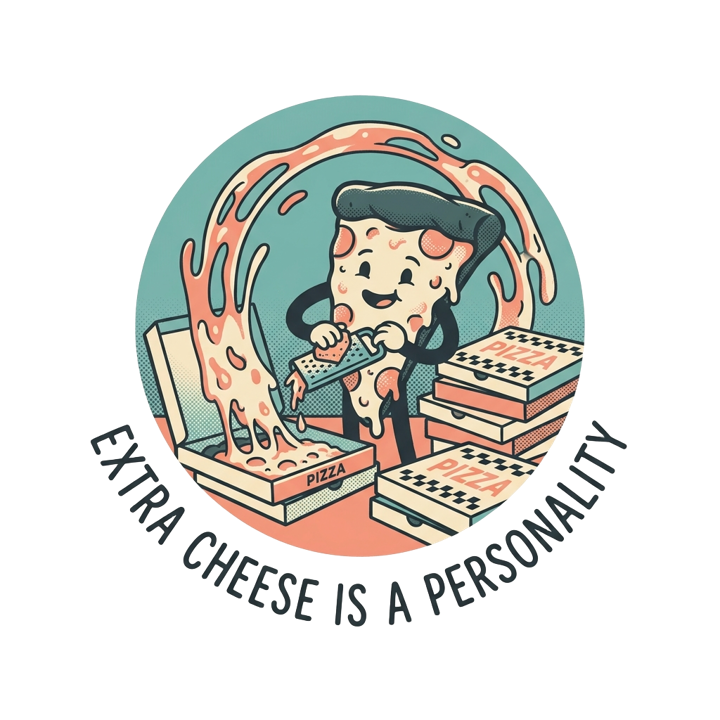 EXTRA CHEESE IS A PERSONALITY — pizza fanatics t-shirt design by Bazzai Studio