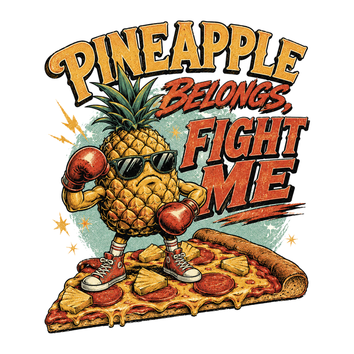 PINEAPPLE BELONGS, FIGHT ME — pizza fanatics t-shirt design by Bazzai Studio