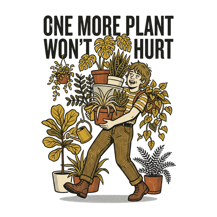 ONE MORE PLANT WON'T HURT — plant lover t-shirt design by Bazzai Studio