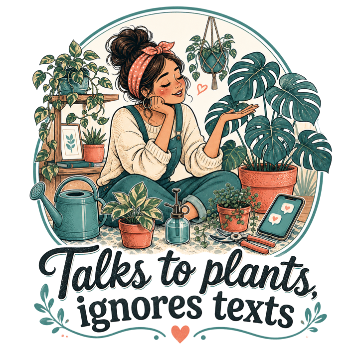 Talks to plants, ignores texts — plantmom t-shirt design by Bazzai Studio