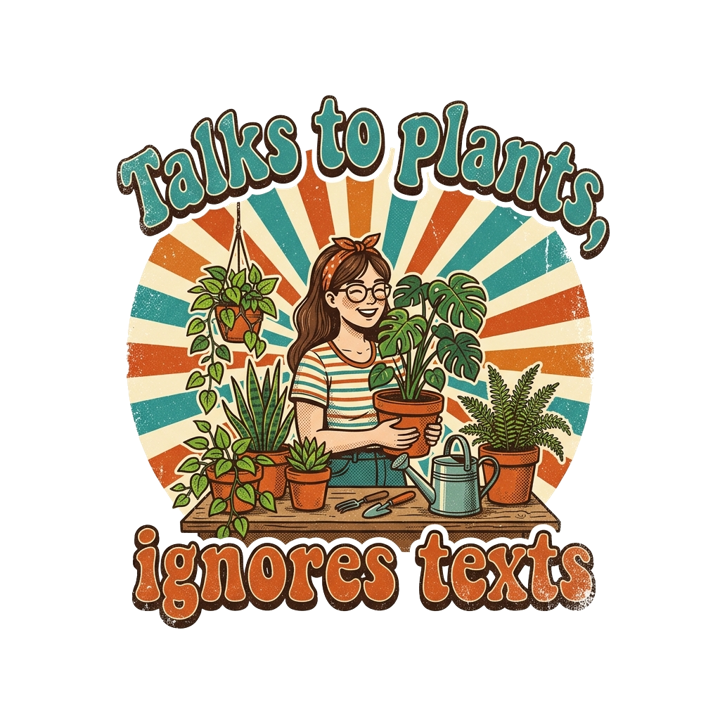 Talks to plants, ignores texts — plantmom t-shirt design by Bazzai Studio