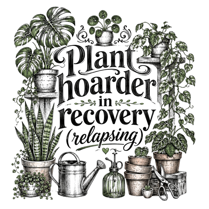 Plant hoarder in recovery (relapsing) — plant mom life t-shirt design by Bazzai Studio