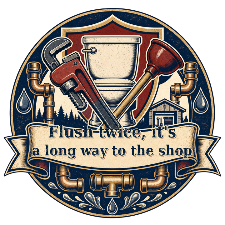 Flush twice, it's a long way to the shop — plumber trade t-shirt design by Bazzai Studio