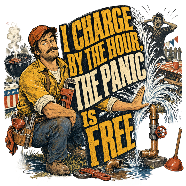I charge by the hour, the panic is free — plumber trade t-shirt design by Bazzai Studio