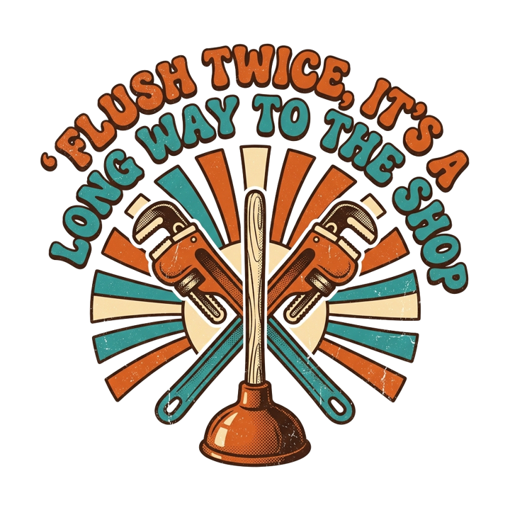 Flush twice, it's a long way to the shop — plumber t-shirt design by Bazzai Studio