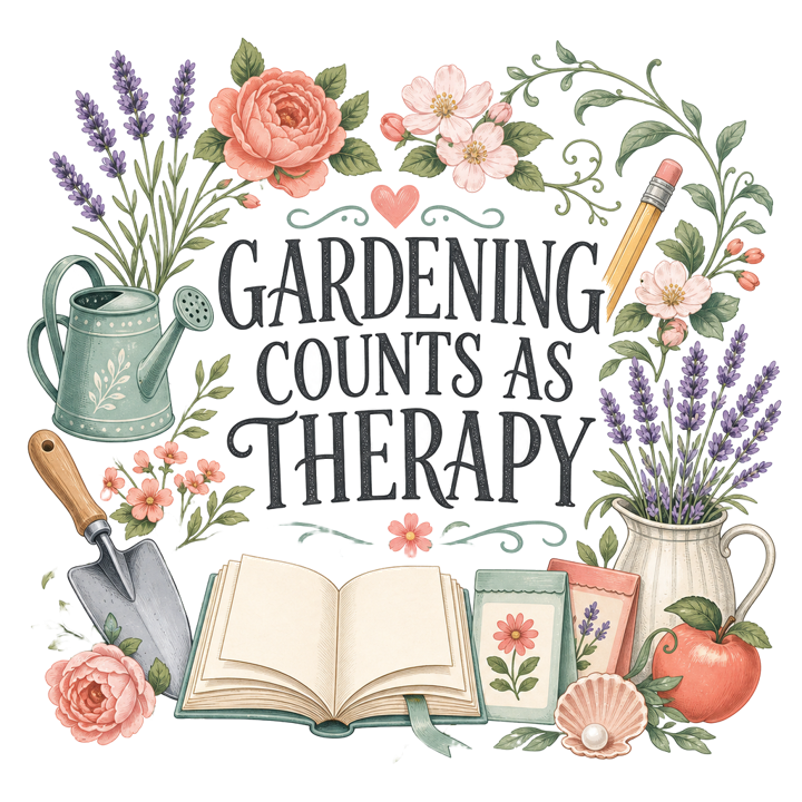 GARDENING COUNTS AS THERAPY — soft feminine gifts t-shirt design by Bazzai Studio