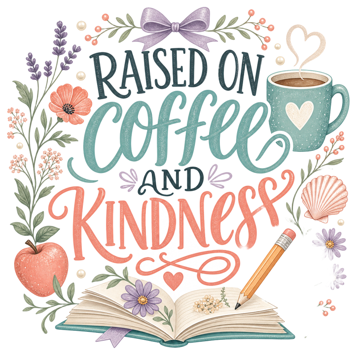 RAISED ON COFFEE AND KINDNESS — soft feminine gifts t-shirt design by Bazzai Studio