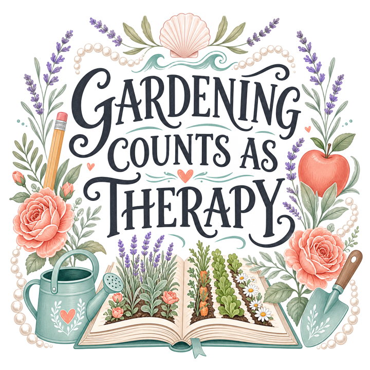 GARDENING COUNTS AS THERAPY — soft feminine gifts t-shirt design by Bazzai Studio