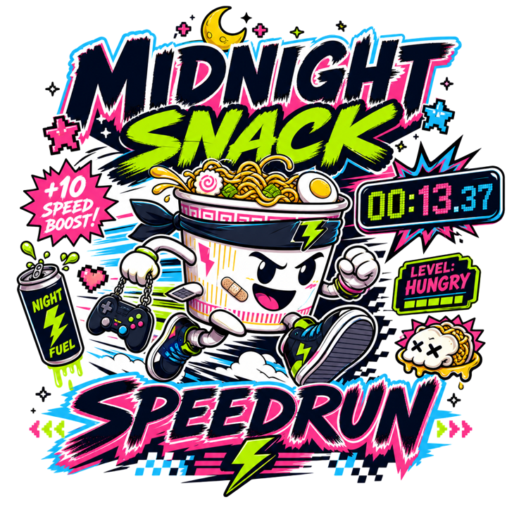 Midnight Snack Speedrun — streetwear sticker humor t-shirt design by Bazzai Studio