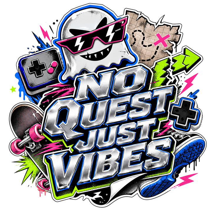 NO QUEST JUST VIBES — streetwear sticker humor t-shirt design by Bazzai Studio