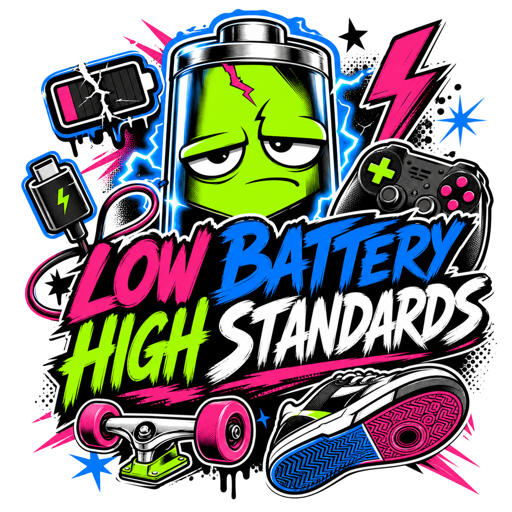 LOW BATTERY HIGH STANDARDS — art by Bazzai Studio