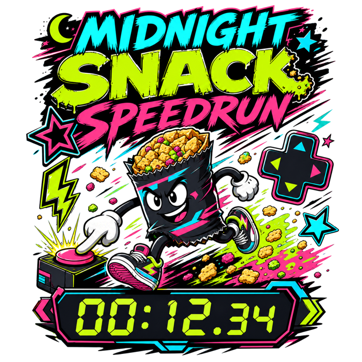 Midnight Snack Speedrun — streetwear sticker humor t-shirt design by Bazzai Studio
