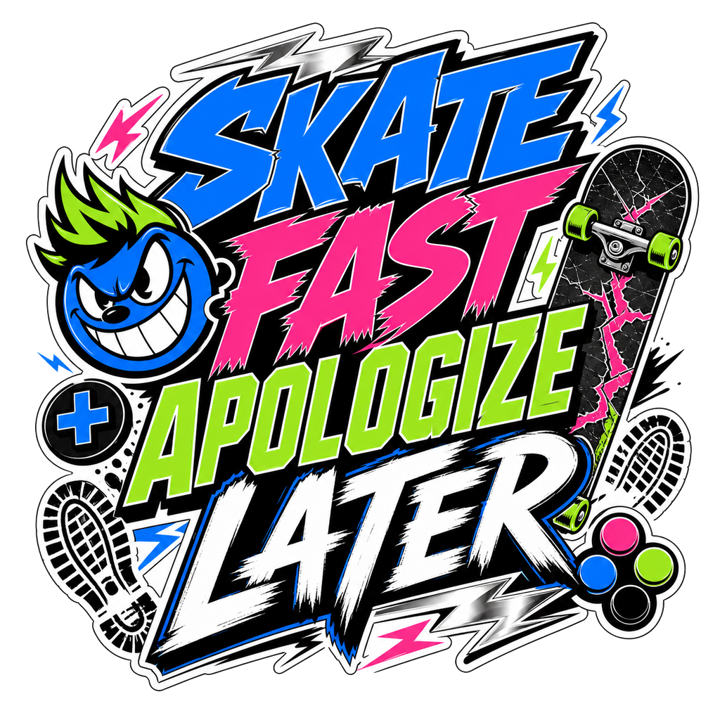 SKATE FAST APOLOGIZE LATER — streetwear sticker humor t-shirt design by Bazzai Studio