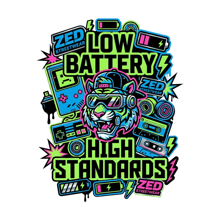 LOW BATTERY HIGH STANDARDS — streetwear sticker humor t-shirt design by Bazzai Studio