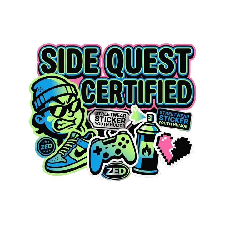 SIDE QUEST CERTIFIED — streetwear sticker humor t-shirt design by Bazzai Studio