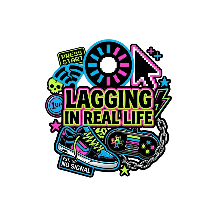 LAGGING IN REAL LIFE — streetwear sticker humor t-shirt design by Bazzai Studio