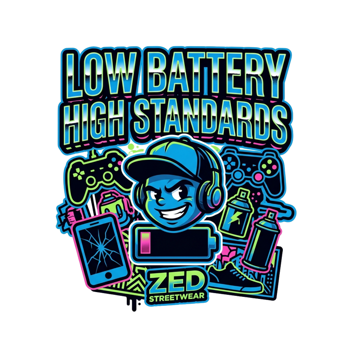 LOW BATTERY HIGH STANDARDS — streetwear sticker humor t-shirt design by Bazzai Studio