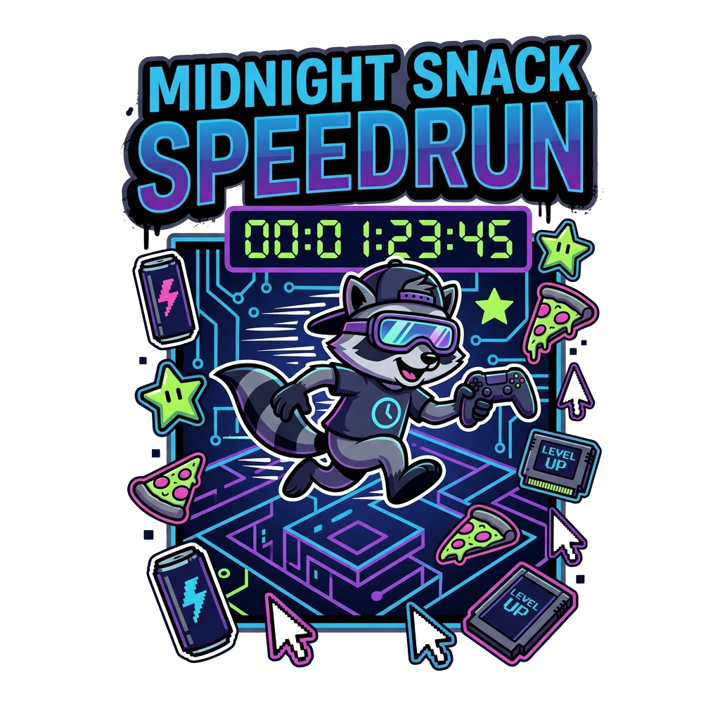 Midnight Snack Speedrun — streetwear sticker humor t-shirt design by Bazzai Studio