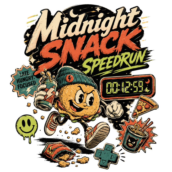 Midnight Snack Speedrun — streetwear sticker humor t-shirt design by Bazzai Studio