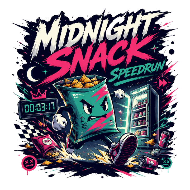 Midnight Snack Speedrun — streetwear sticker humor t-shirt design by Bazzai Studio