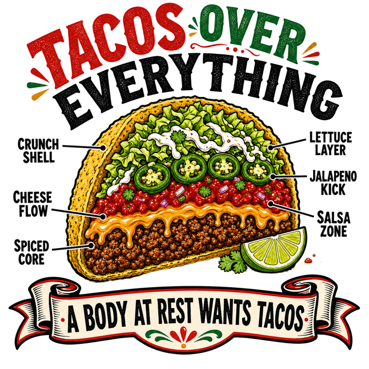Tacos Over Everything — taco tuesday devotee t-shirt design by Bazzai Studio
