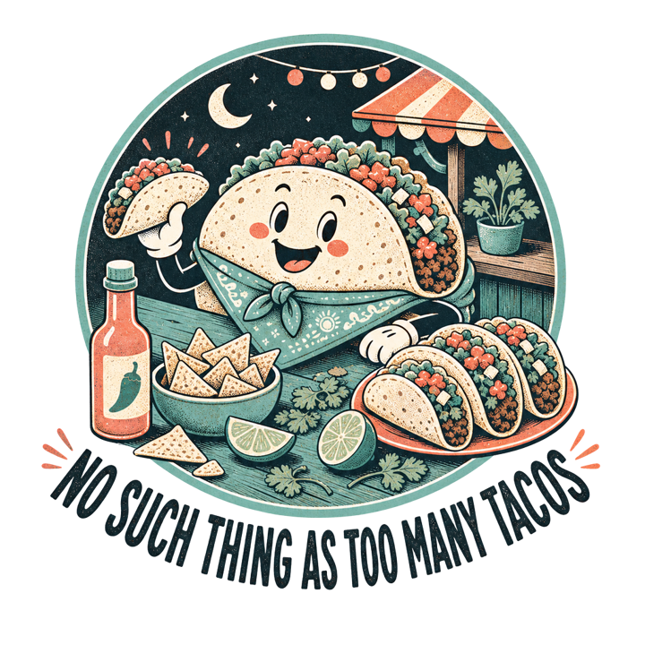 NO SUCH THING AS TOO MANY TACOS — taco tuesday devotee t-shirt design by Bazzai Studio