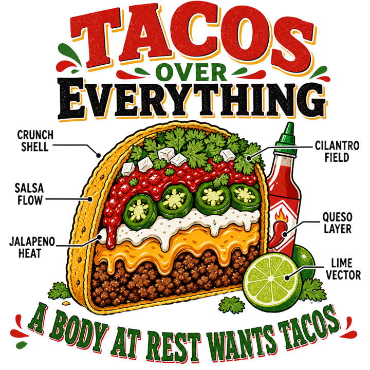 Tacos Over Everything — taco tuesday devotee t-shirt design by Bazzai Studio