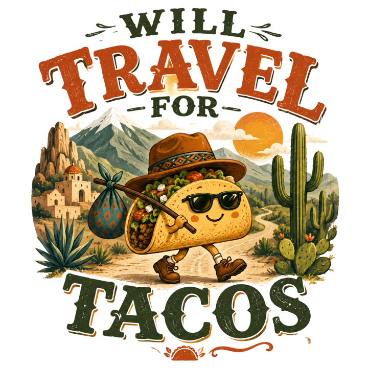 WILL TRAVEL FOR TACOS — taco tuesday devotee t-shirt design by Bazzai Studio