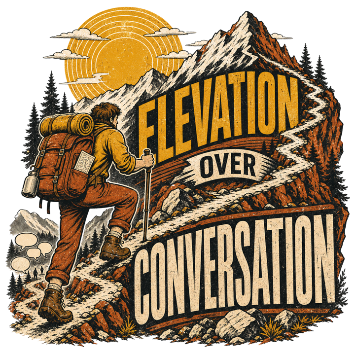 ELEVATION OVER CONVERSATION — hiking t-shirt design by Bazzai Studio