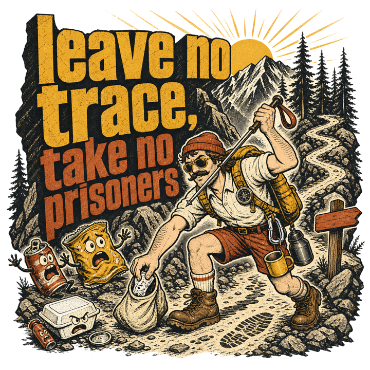 leave no trace, take no prisoners — hiking t-shirt design by Bazzai Studio