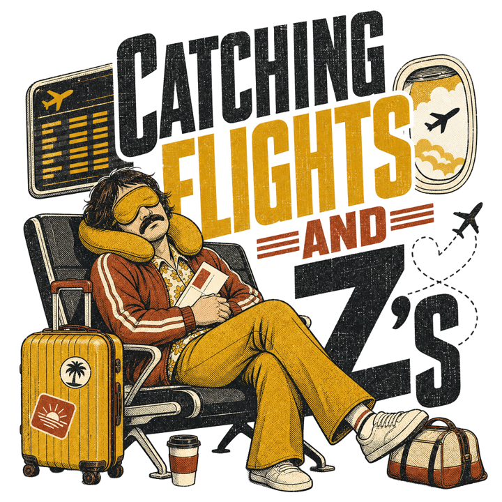 CATCHING FLIGHTS AND Z'S — travel sleep life t-shirt design by Bazzai Studio