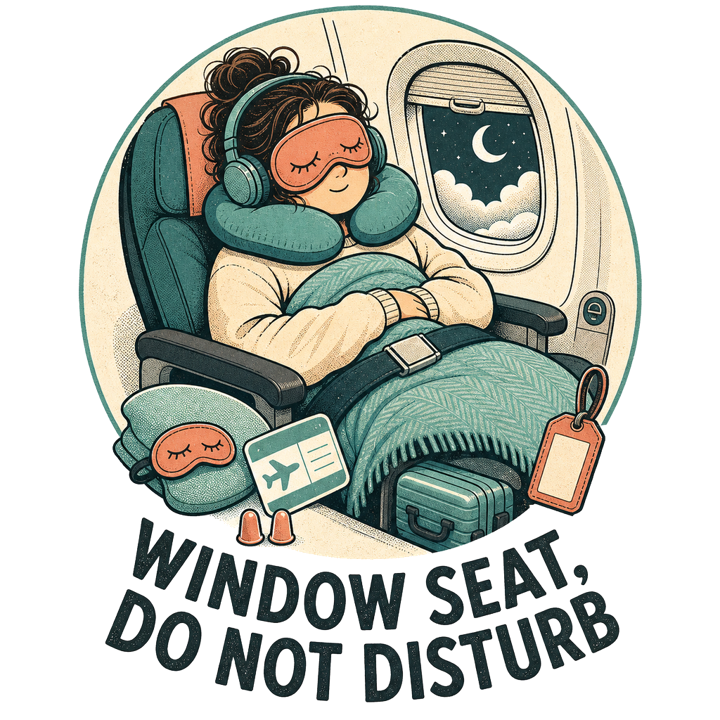 WINDOW SEAT, DO NOT DISTURB — travelnap t-shirt design by Bazzai Studio