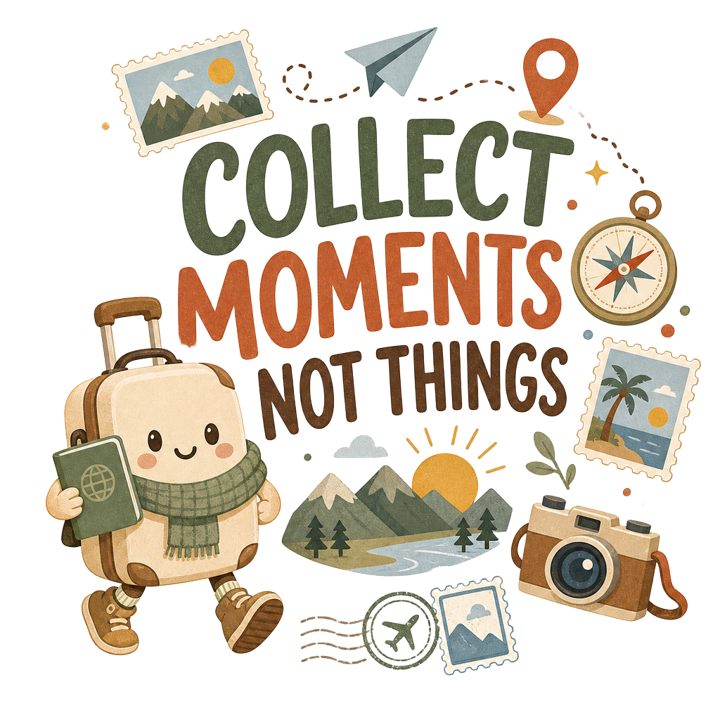 COLLECT MOMENTS NOT THINGS — travel wanderer life t-shirt design by Bazzai Studio