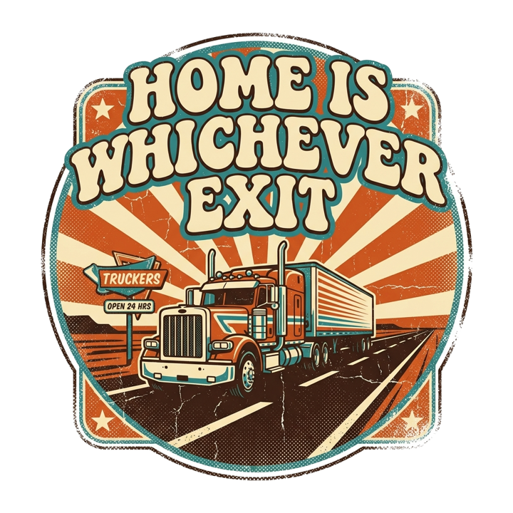 HOME IS WHICHEVER EXIT — trucker t-shirt design by Bazzai Studio