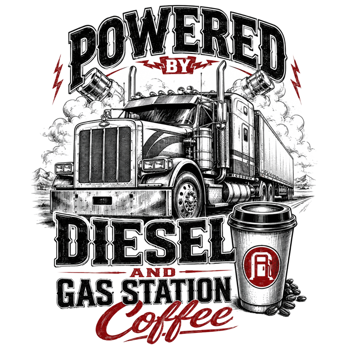 Powered by diesel and gas station coffee — trucker t-shirt design by Bazzai Studio