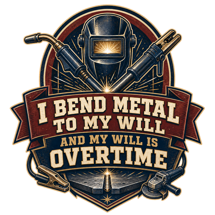 I bend metal to my will and my will is overtime — welder t-shirt design by Bazzai Studio