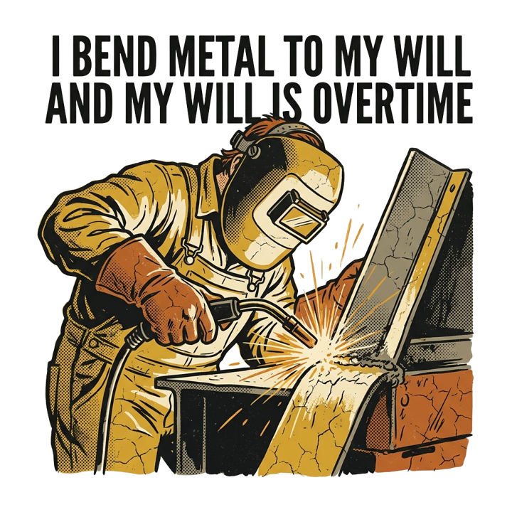 I bend metal to my will and my will is overtime — welder t-shirt design by Bazzai Studio