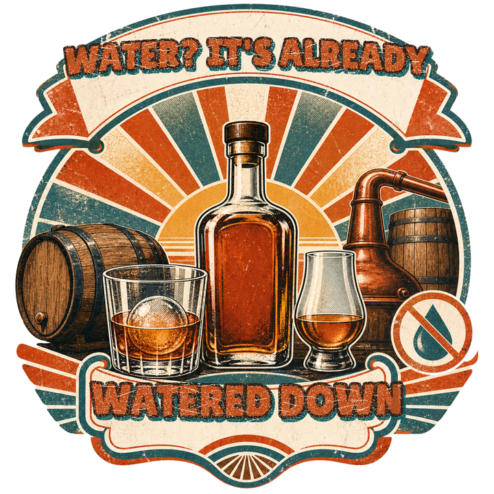 WATER? IT'S ALREADY WATERED DOWN — bourbon & whiskey t-shirt design by Bazzai Studio